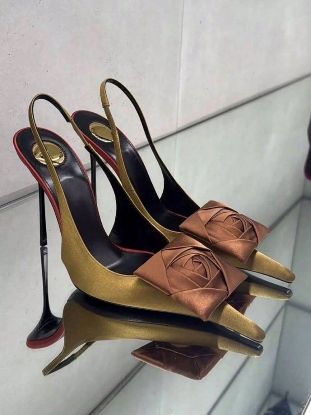 Khaki Women's Stiletto Pointed Toe High Heel Backless Sandals with Floral Decor